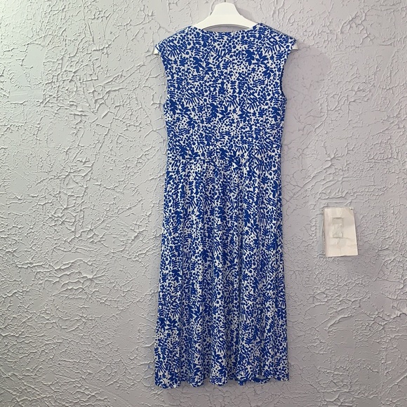 Boden Flowers Jersey Midi Dress Blue White 8R Pockets Sleeveless Business Casual - Picture 8 of 11